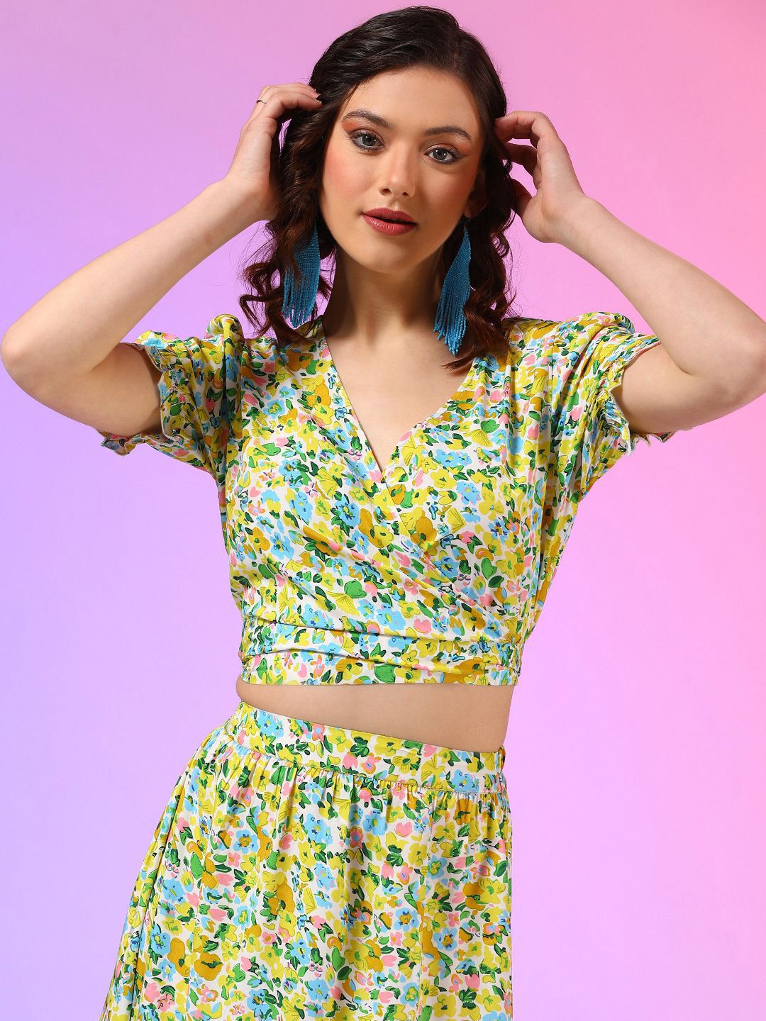 Kotty Yellow Floral Printed V-Neck Top With Skirt