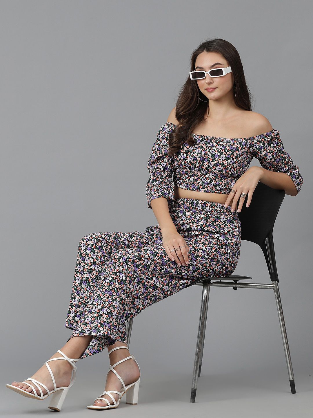 Kotty Floral Printed Off-Shoulder Crop Top & Trousers