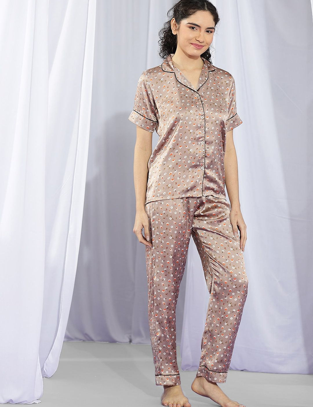 Kotty Brown & White Floral Printed Satin Night Suit