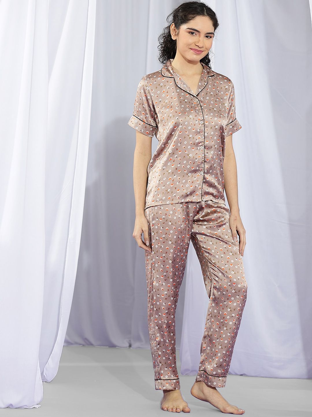 Kotty Brown & White Floral Printed Satin Night Suit