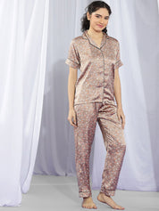 Kotty Brown & White Floral Printed Satin Night Suit