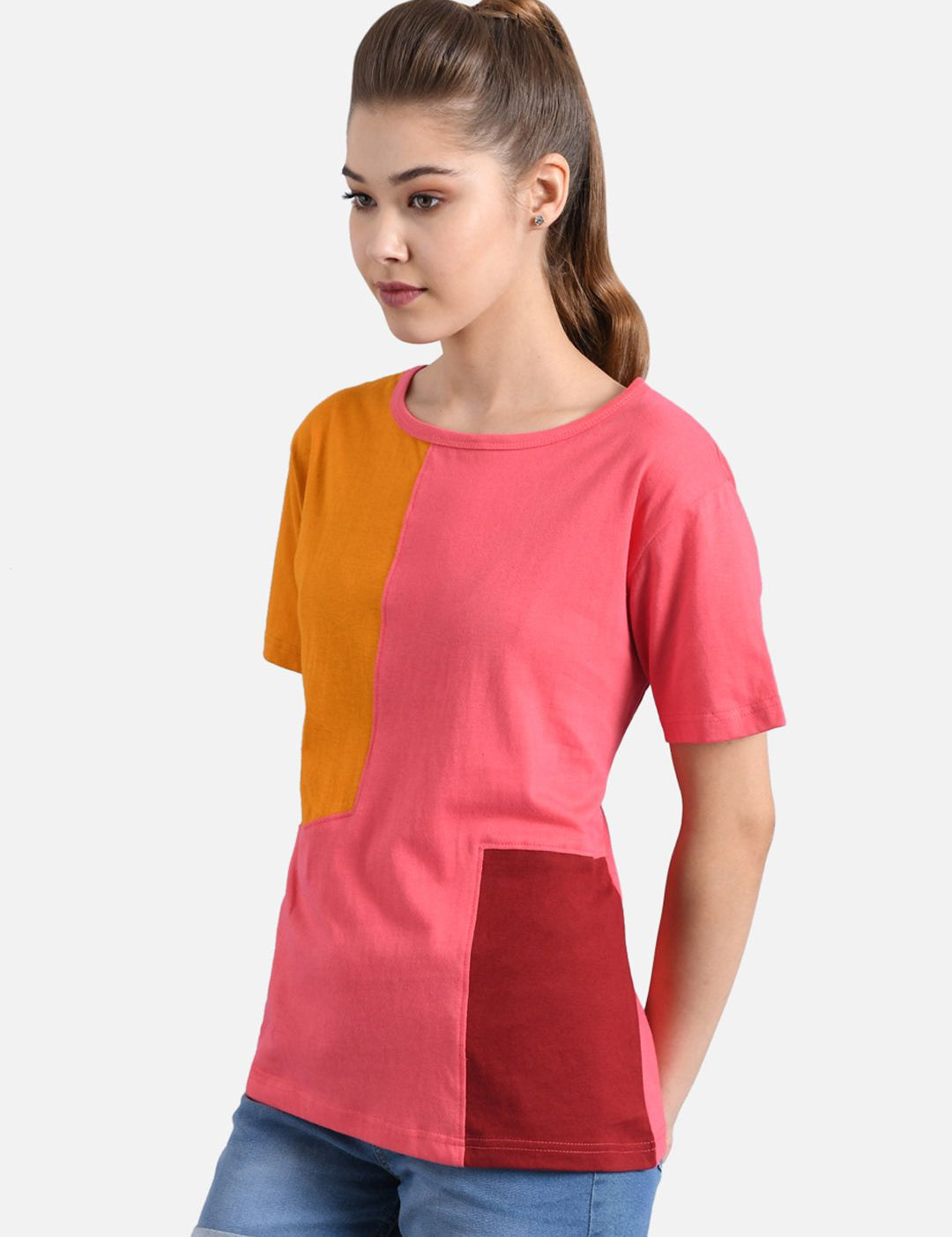 Kotty Women Pink & Mustard Yellow Colourblocked Round Neck T-shirt
