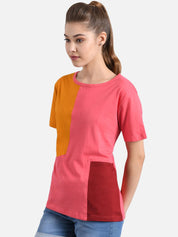 Kotty Women Pink & Mustard Yellow Colourblocked Round Neck T-shirt