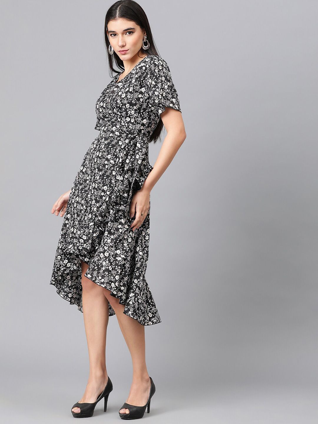 Kotty Black & White Floral Printed Flared Sleeves Crepe Ruffles Wrap Dress
