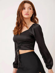 Kotty Black Sweetheart Neck Puff Sleeve Satin Fitted Crop Top