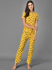 Kotty Women Yellow & Black Printed Night Suit