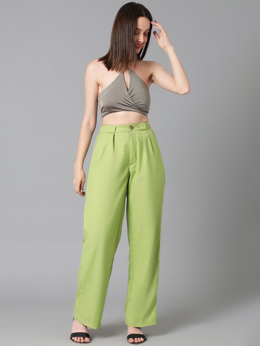 Kotty Women Green Relaxed Straight Leg High-Rise Easy Wash Pleated Parallel Trousers