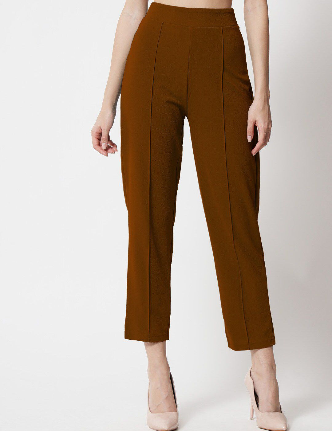 Kotty Women Brown Comfort Straight Fit High-Rise Easy Wash Trousers