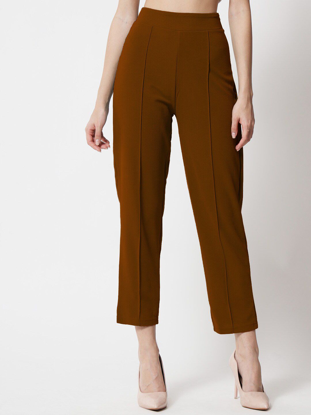 Kotty Women Brown Comfort Straight Fit High-Rise Easy Wash Trousers