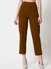 Kotty Women Brown Comfort Straight Fit High-Rise Easy Wash Trousers