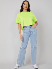 Kotty Round Neck Drop-Shoulder Sleeves Oversized Crop T-shirt