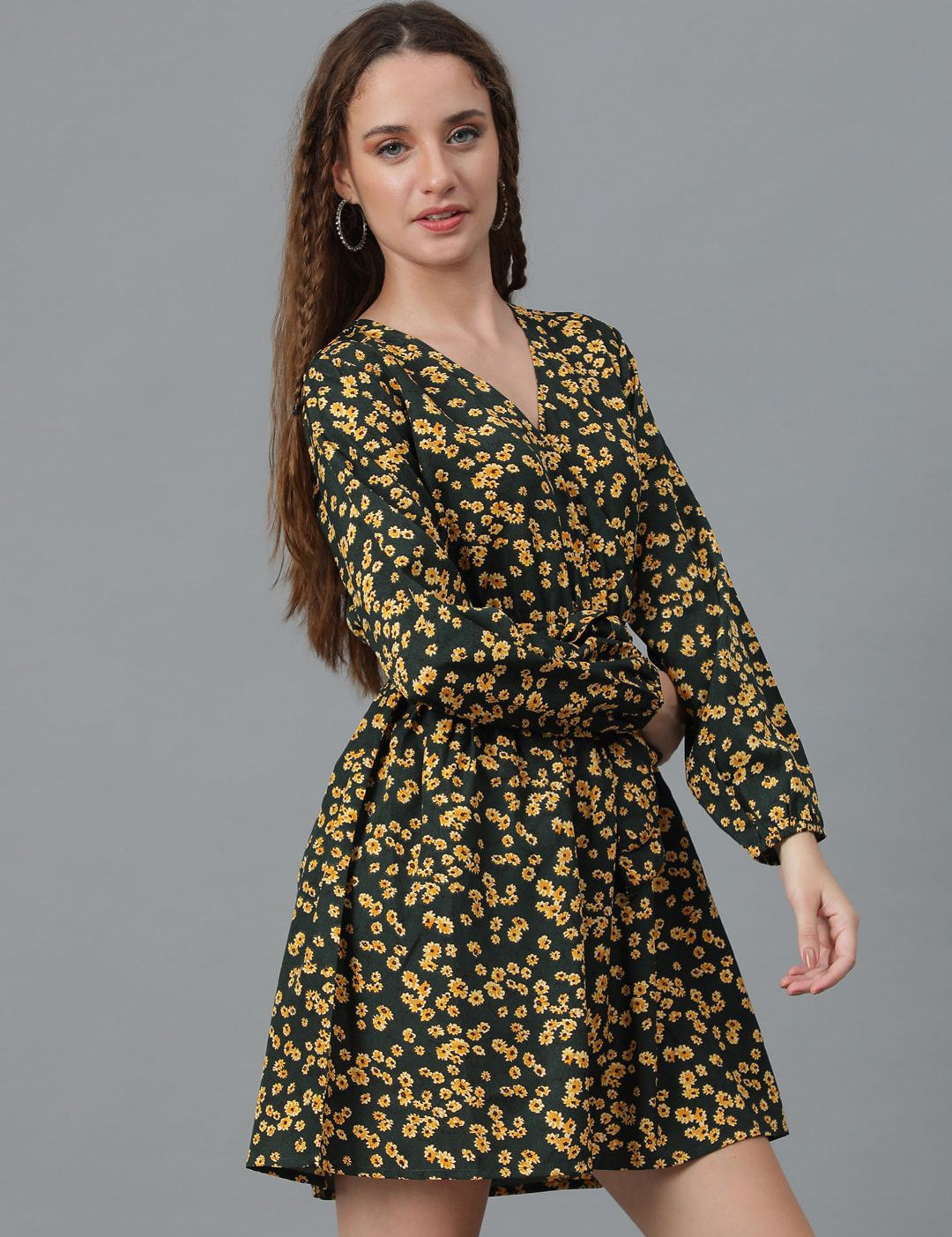 Kotty Yellow Floral Printed Puff Sleeves Fit & Flare Dress
