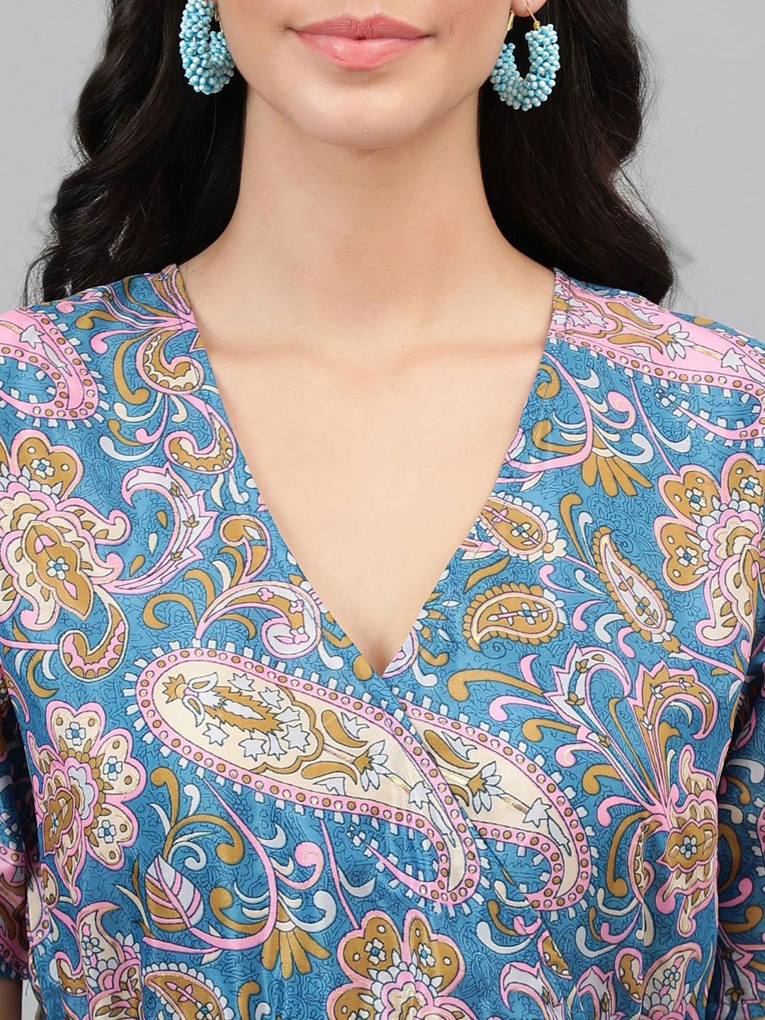 Kotty Blue And Pink Paisley Printed V-Neck Fit & Flare Dress