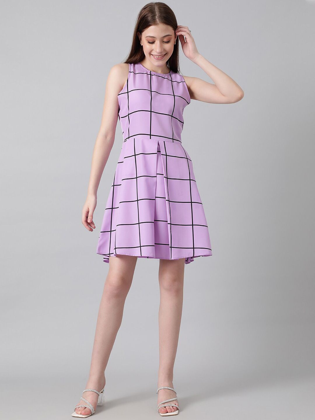 Kotty Purple & Black Checked Fit & Flare Dress