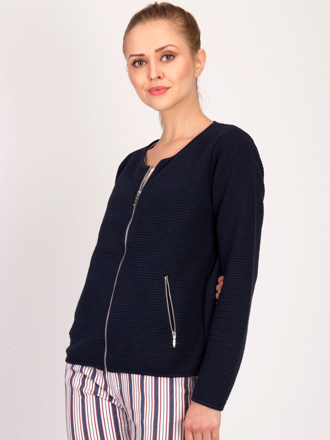 Kotty Women Blue Self Design Open Front Jacket