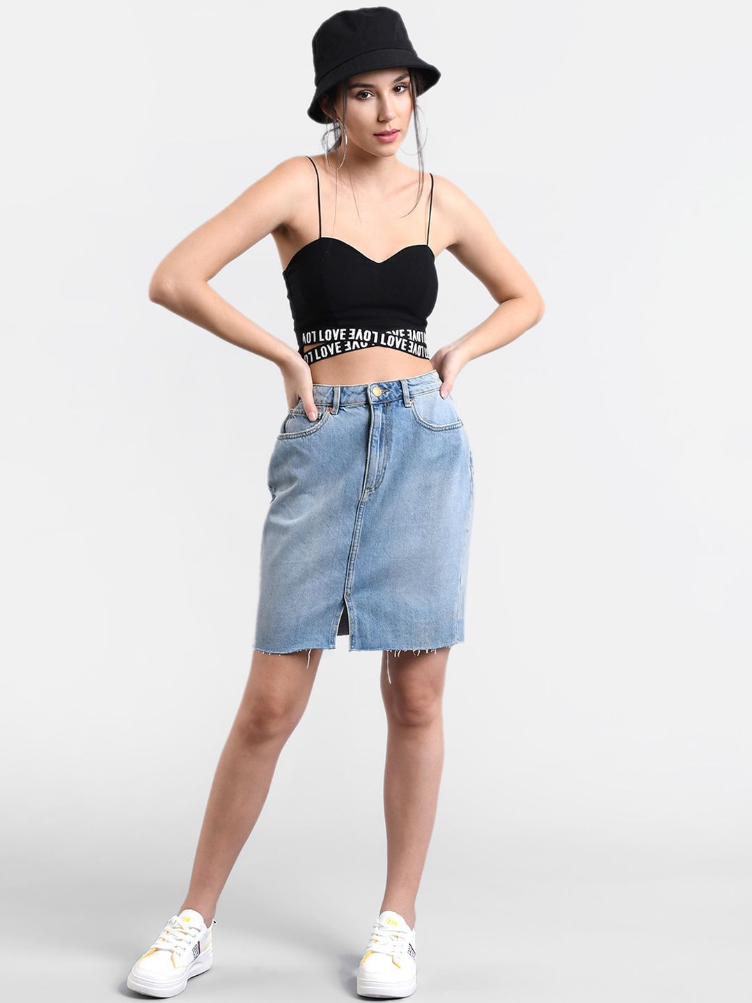 Kotty Women Blue Washed Denim Mini Straight Skirt