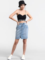 Kotty Women Blue Washed Denim Mini Straight Skirt