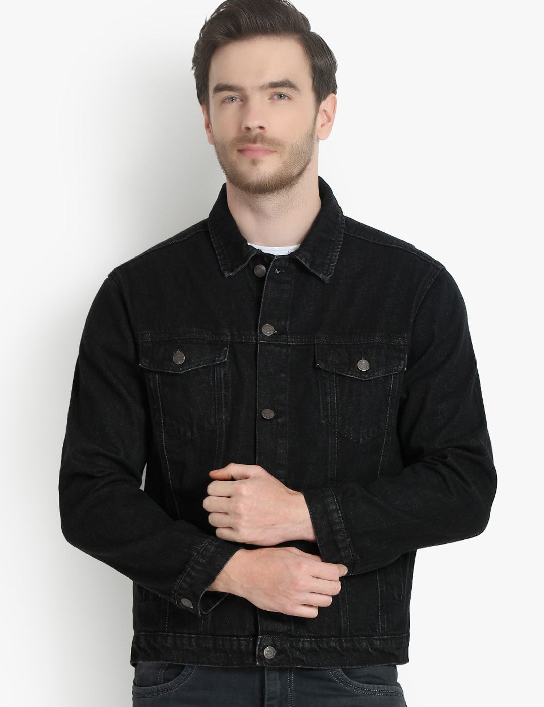 Kotty Men Black Solid Denim Jacket