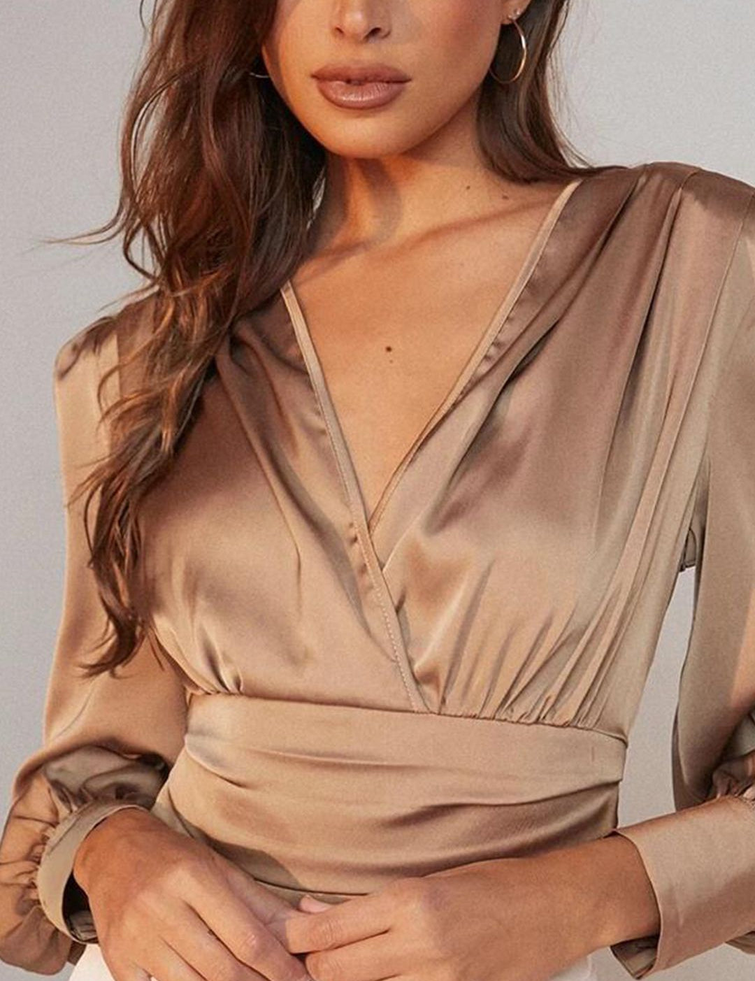Kotty Brown Puff Sleeve Satin Wrap Top