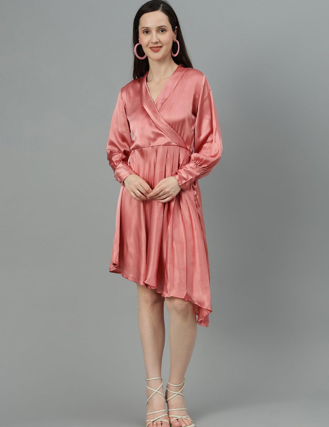 Kotty Cuffed Sleeves Pleated Satin Wrap Dress