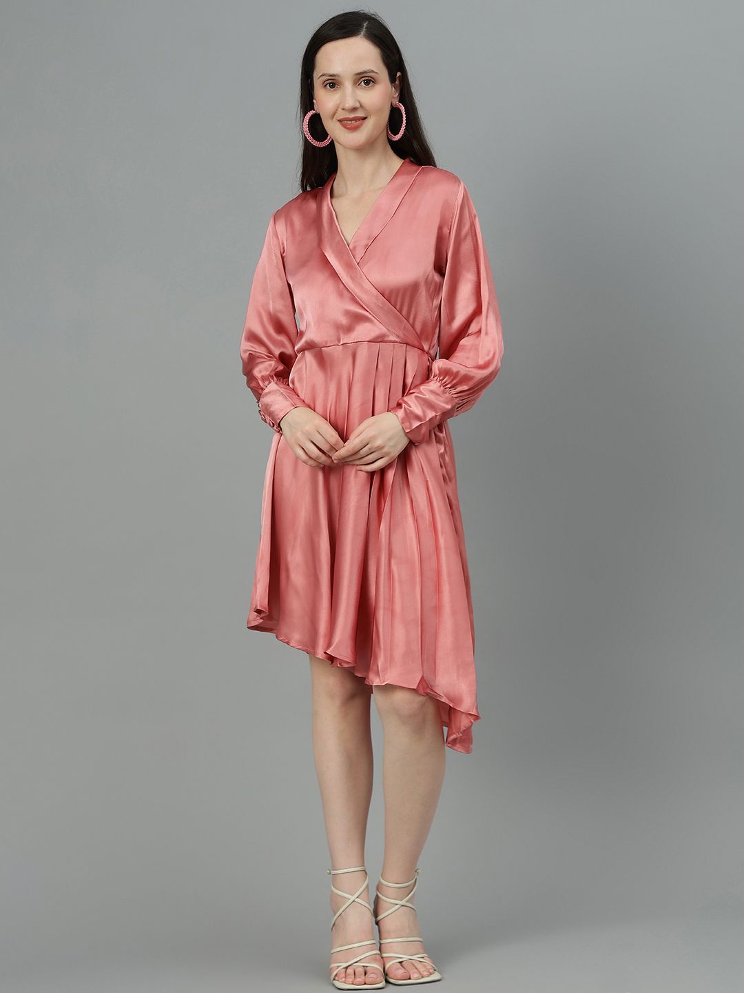 Kotty Cuffed Sleeves Pleated Satin Wrap Dress