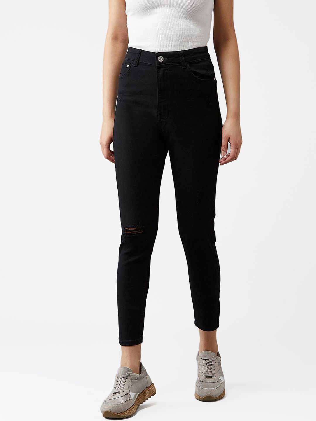 Kotty Women Black Skinny Fit High-Rise Mildly Distressed Jeans