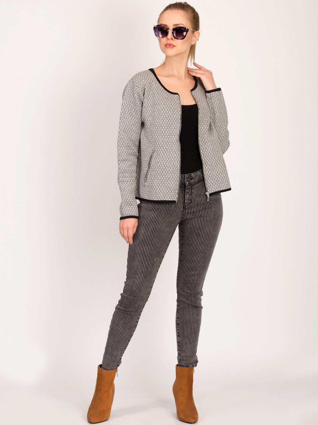 Kotty Women Grey Self Design Tailored Jacket