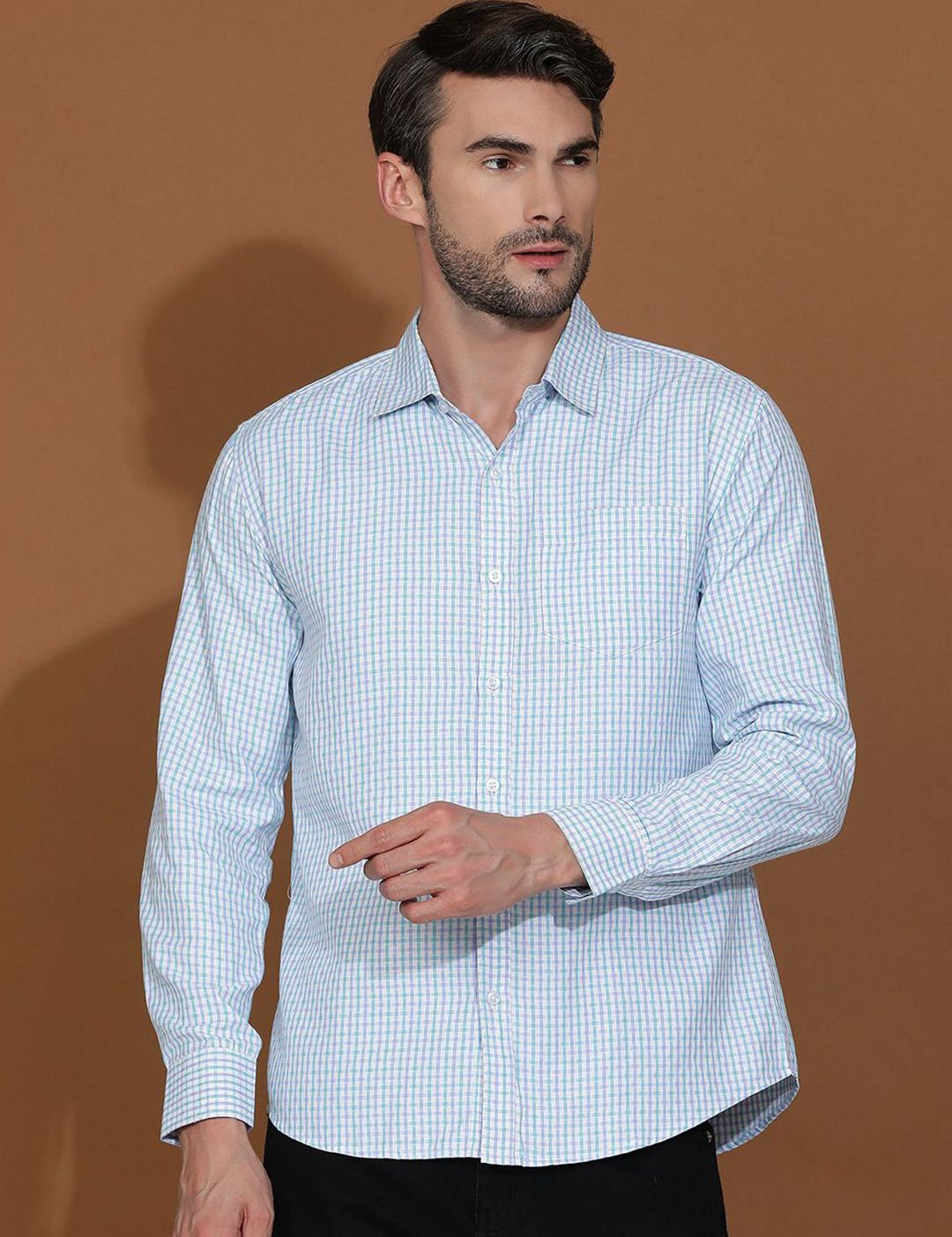 Kotty Blue New Spread Collar Checked Casual Shirt