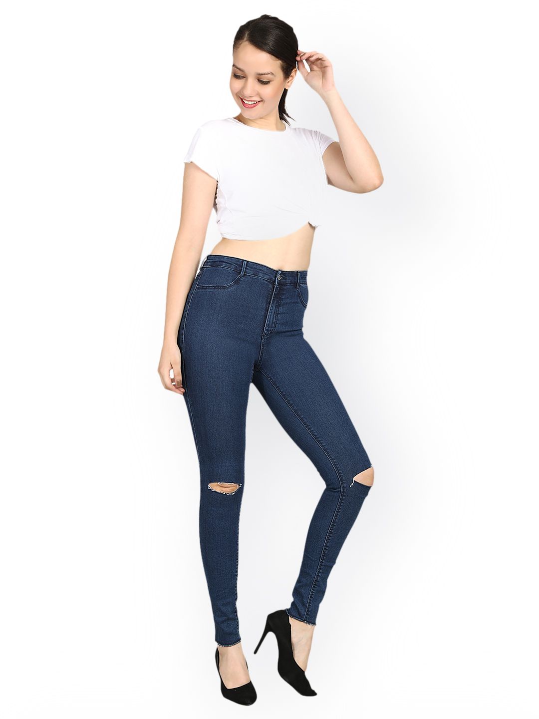 Kotty Women Blue Skinny Fit High-Rise Slash Knee Stretchable Jeans