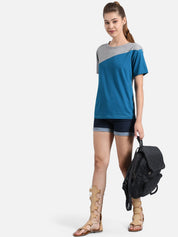 Kotty Women Blue & Grey Colourblocked Round Neck T-shirt
