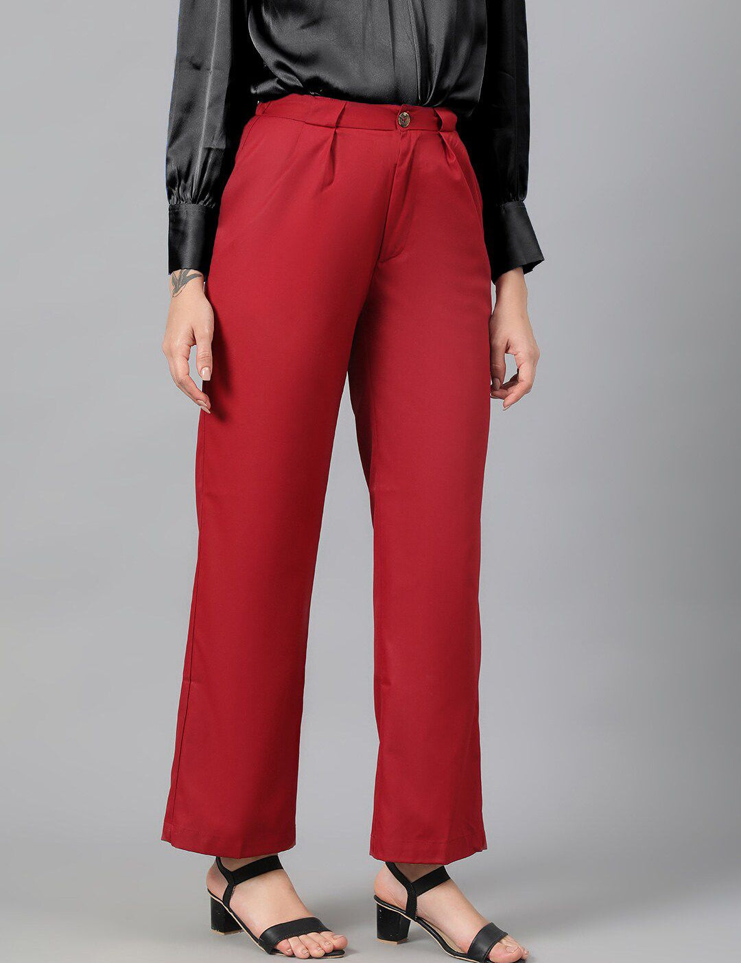KOTTY BIZwear Women Maroon Relaxed Straight Leg Fit High-Rise Easy Wash Parallel Trousers