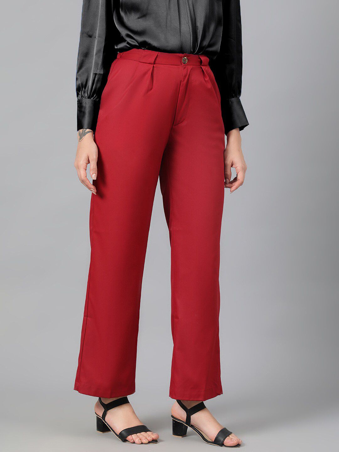 KOTTY BIZwear Women Maroon Relaxed Straight Leg Fit High-Rise Easy Wash Parallel Trousers