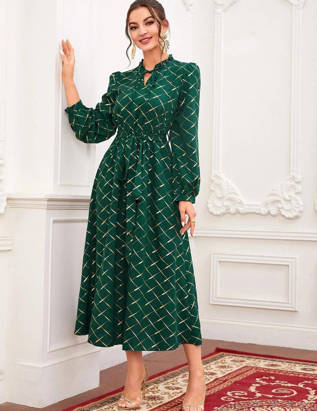 Kotty Geometric Printed Tie-Up Neck Puff Sleeve Crepe Fit & Flare Midi Dress