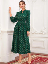 Kotty Geometric Printed Tie-Up Neck Puff Sleeve Crepe Fit & Flare Midi Dress