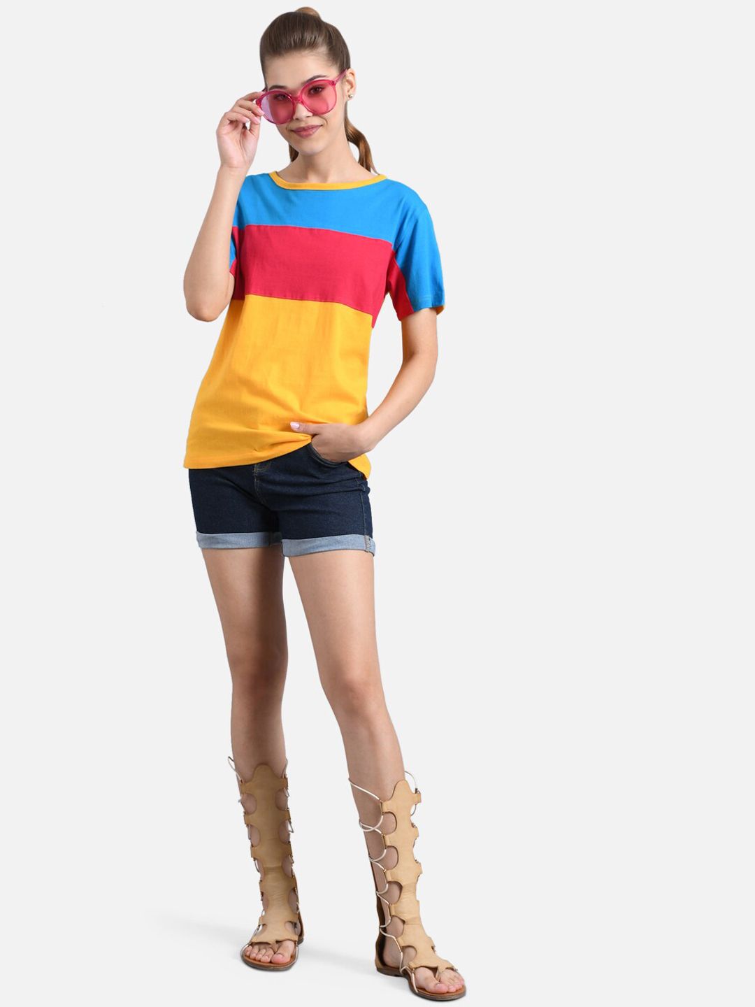 Kotty Women Yellow & Red Colourblocked Boat Neck T-shirt