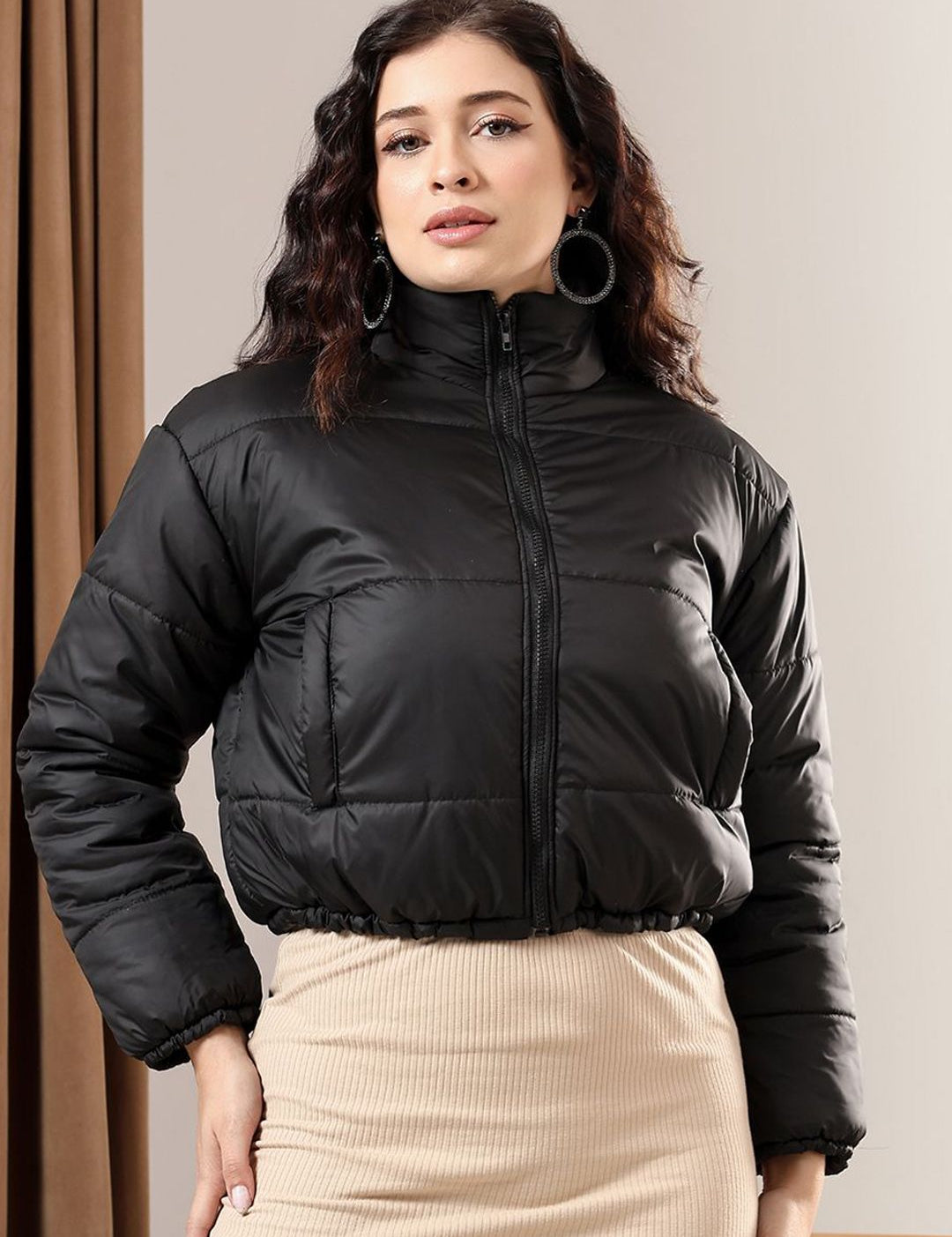 Kotty Women Mock Collar Solid Casual Puffer Insulator Jacket