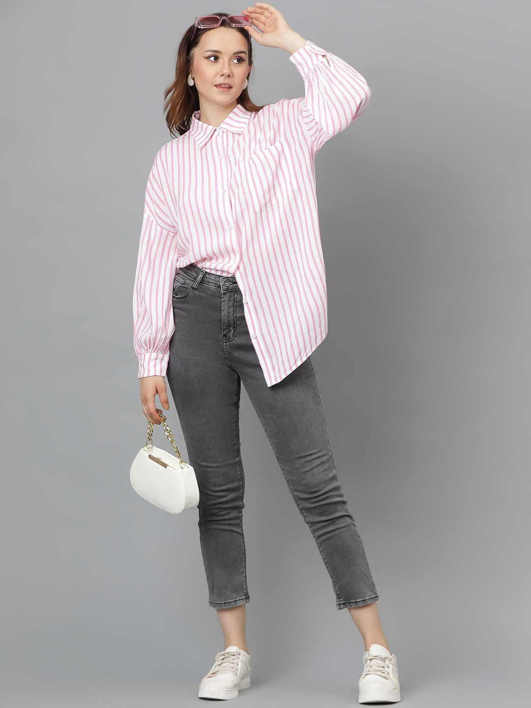 Kotty Women Comfort Spread Collar Vertical Striped Cotton Oversized Casual Shirt
