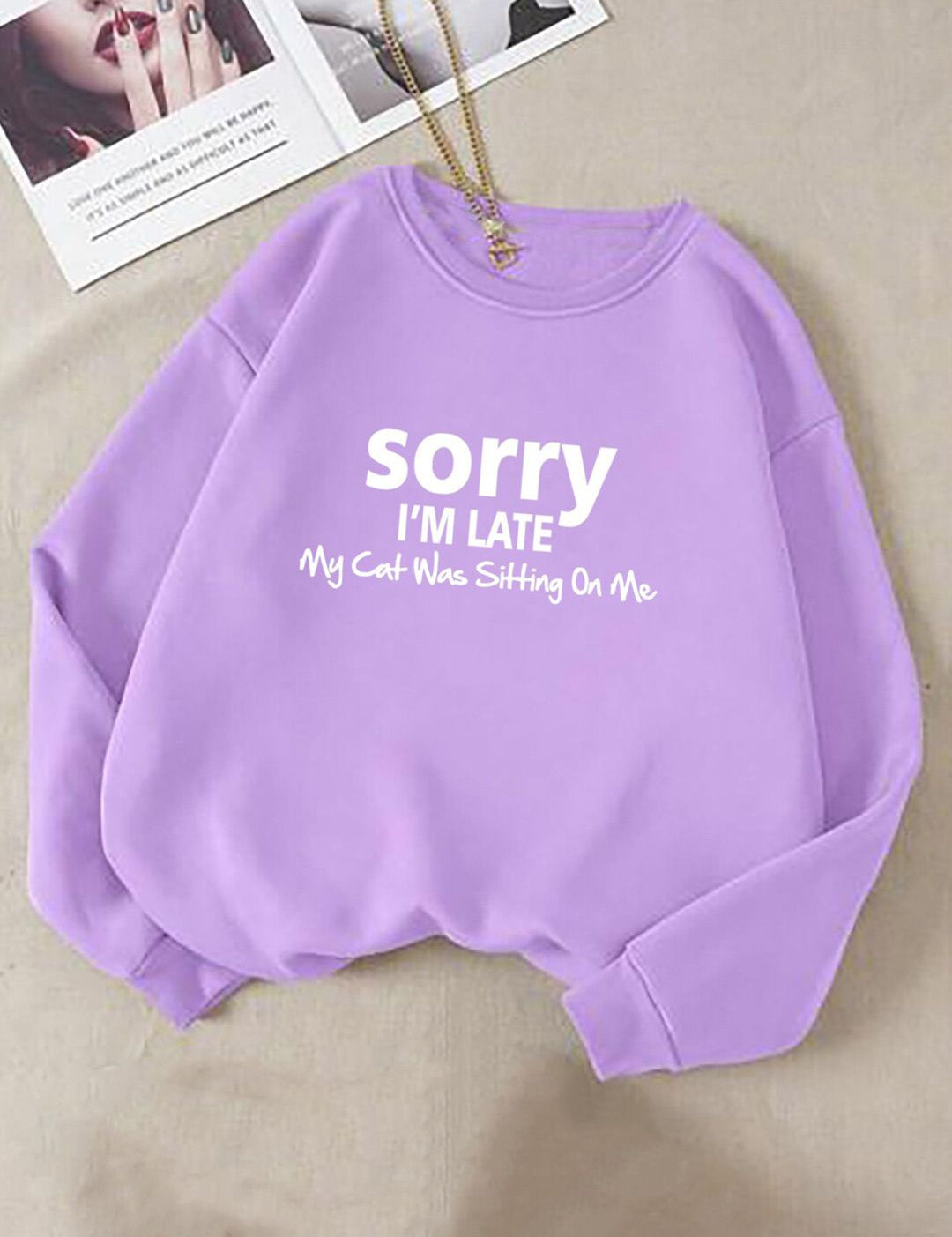 Kotty Purple Typography Printed Long Sleeves Fleece Pullover Sweatshirt