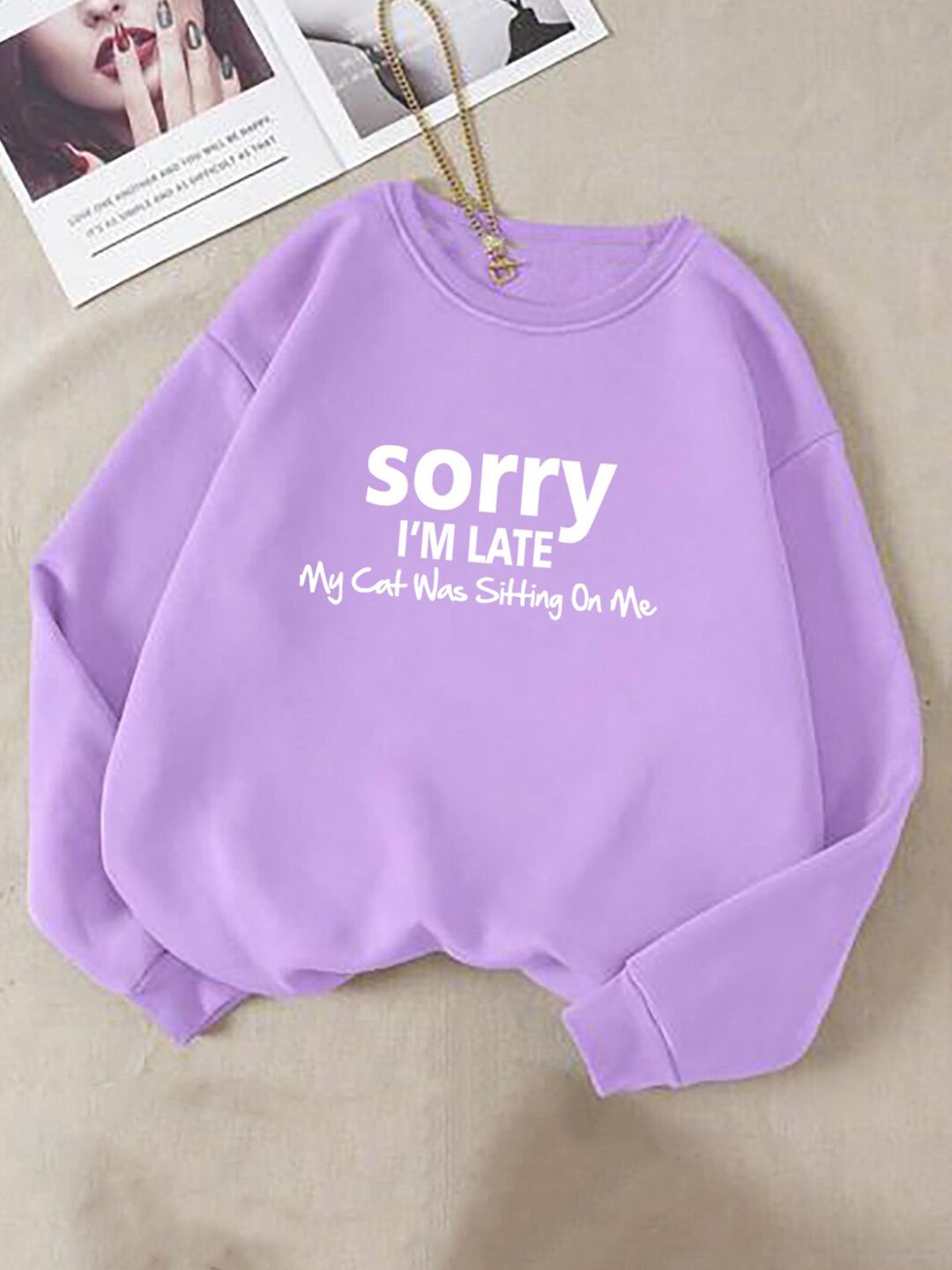 Kotty Purple Typography Printed Long Sleeves Fleece Pullover Sweatshirt
