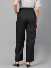 Kotty Women Black Relaxed Straight Leg Fit High-Rise Easy Wash Pleated Parallel Trousers