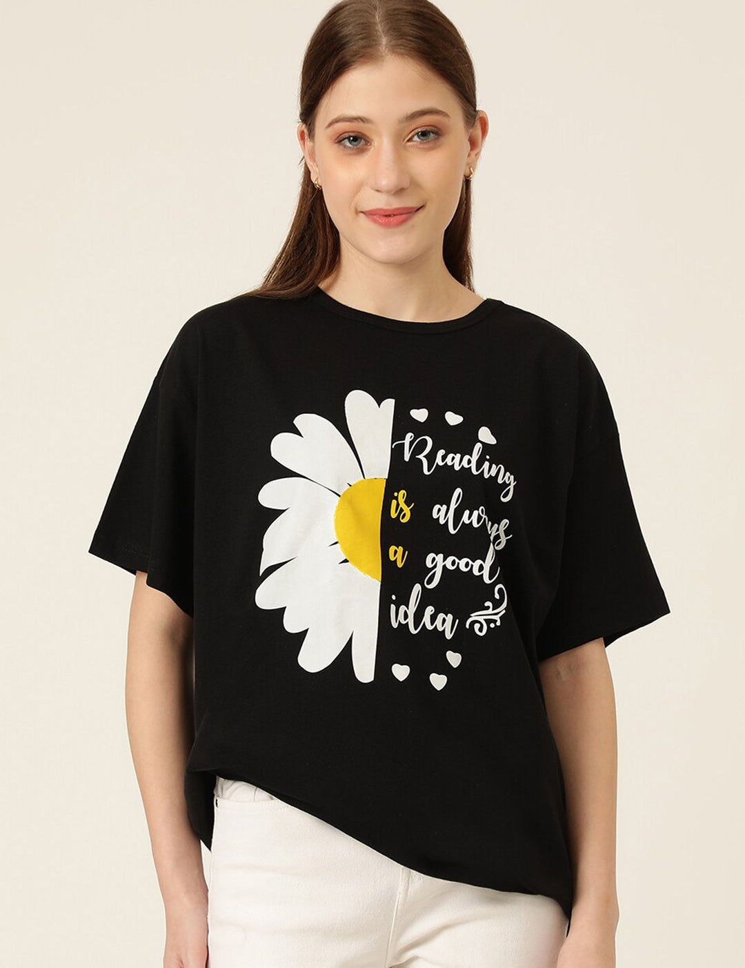 KOTTY Basics Graphic Printed Drop Shoulder Sleeves Oversized T-shirt