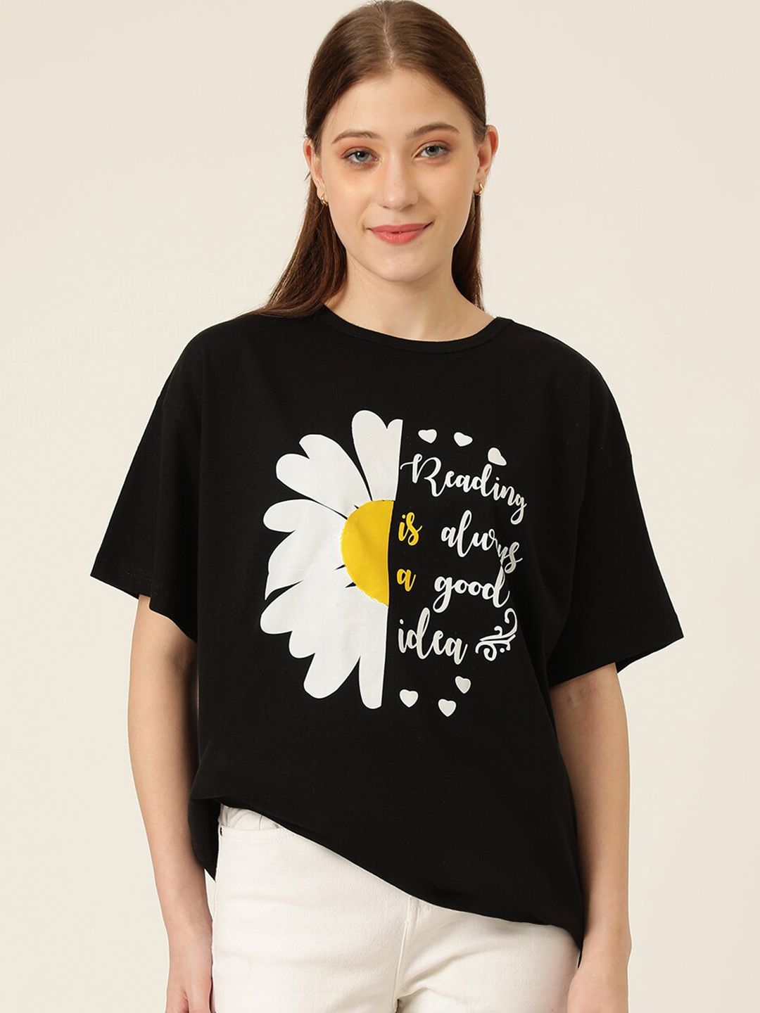 KOTTY Basics Graphic Printed Drop Shoulder Sleeves Oversized T-shirt
