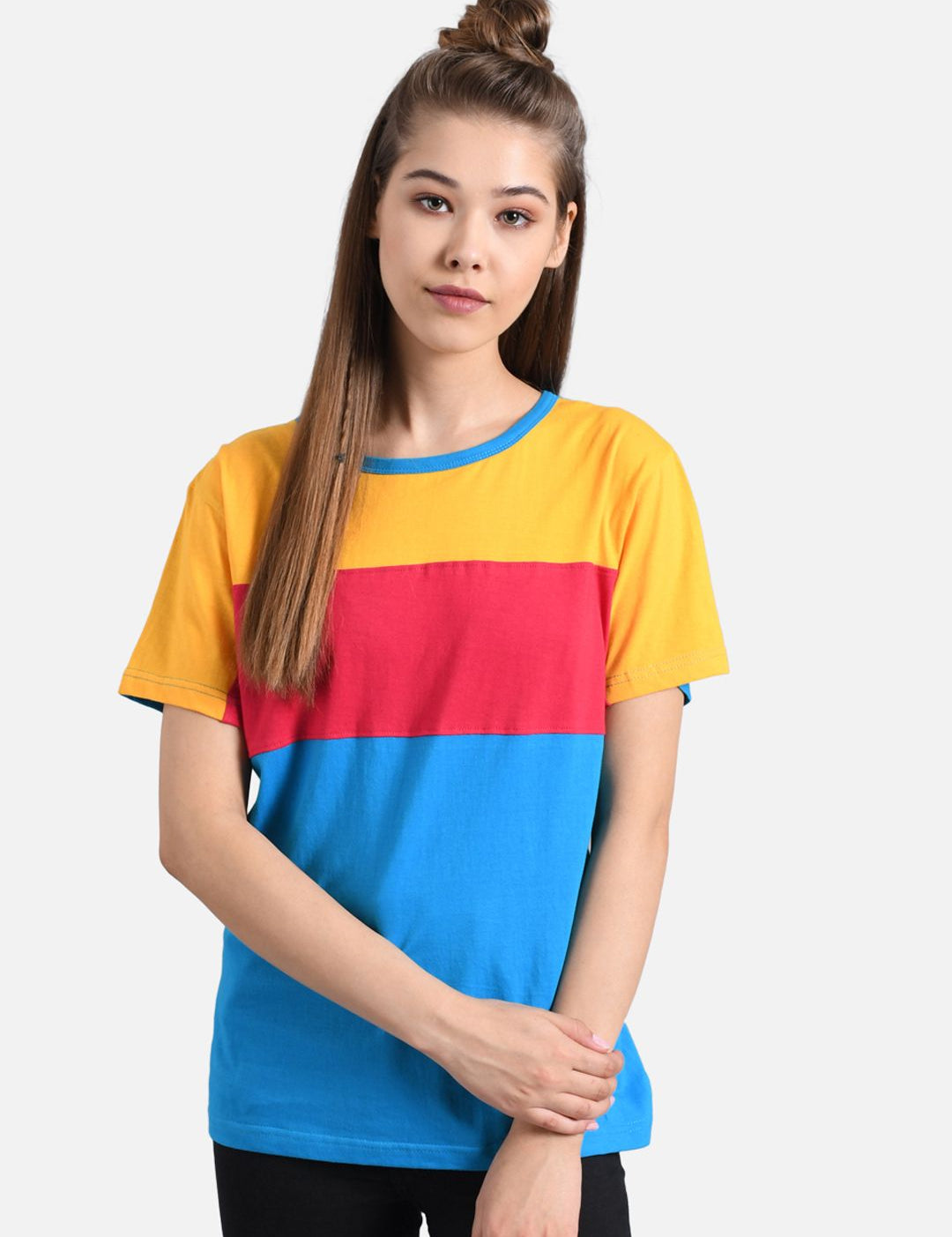 Kotty Women Blue & Yellow Colourblocked Round Neck T-shirt