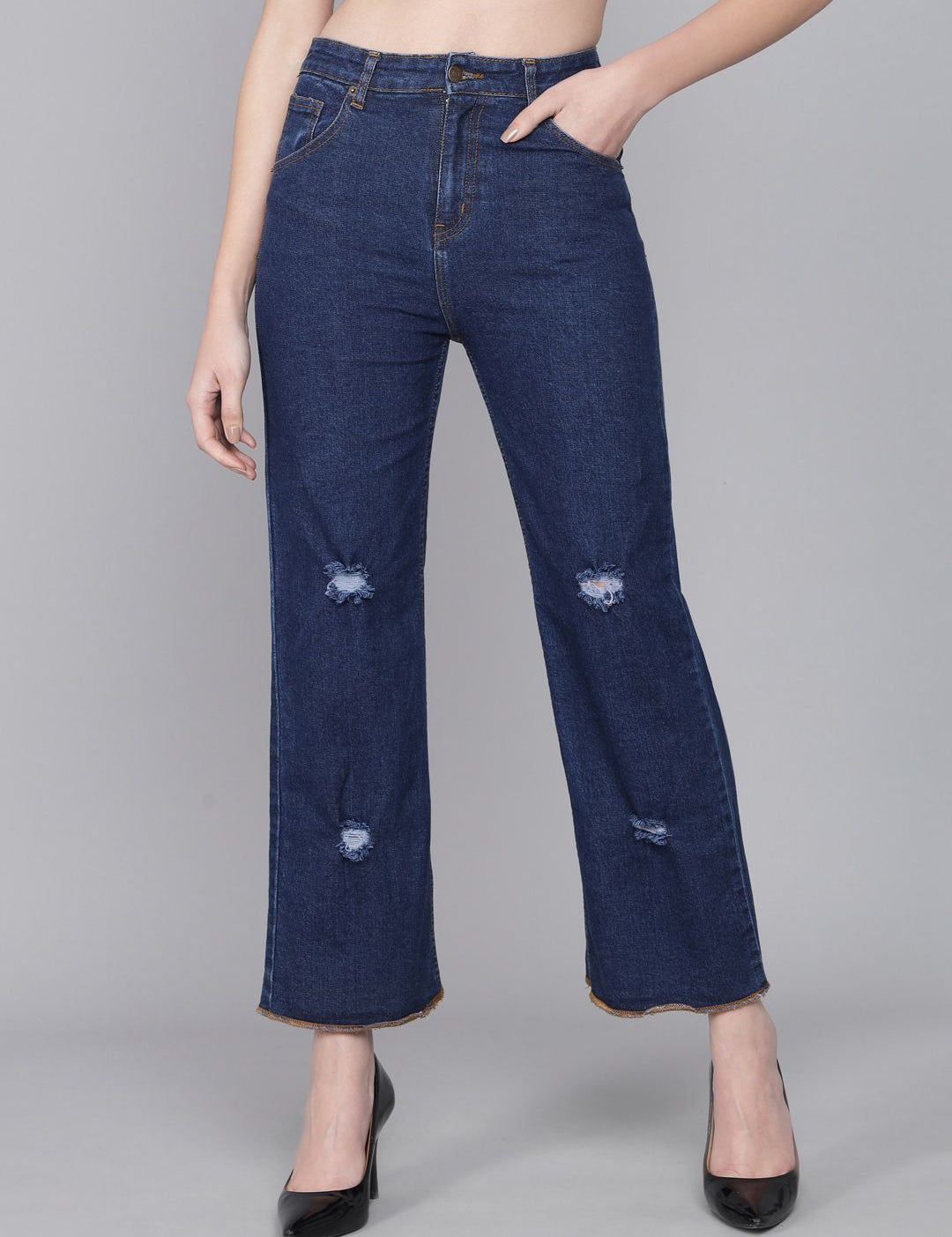 Kotty Women Blue Flared High-Rise Low Distress Jeans