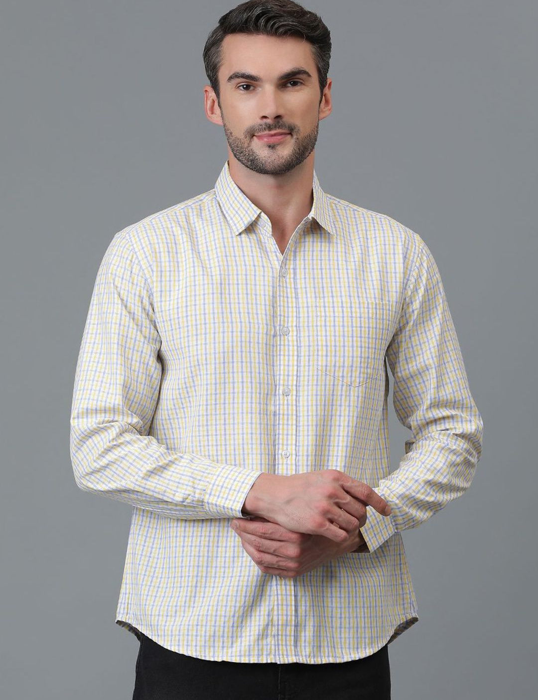 Kotty White & Yellow New Checked Spread Collar Casual Shirt