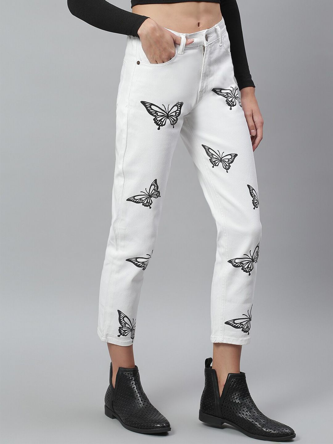 Kotty Women White Regular Fit Mid-Rise Clean Look Printed Stretchable Jeans