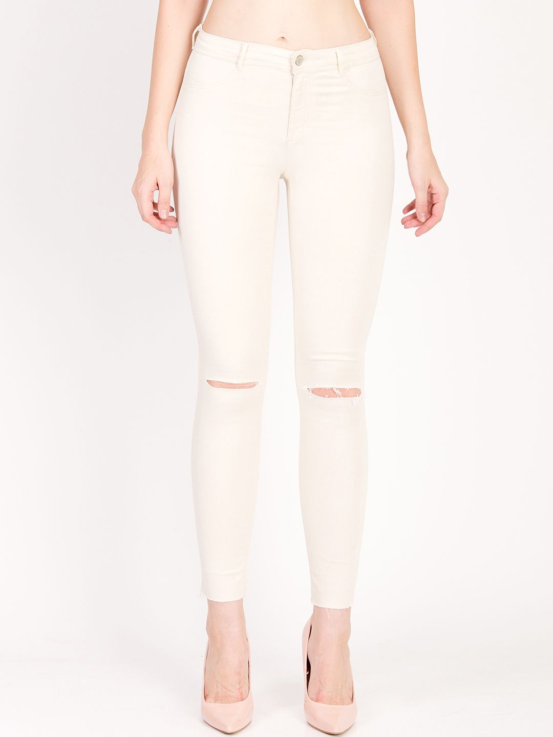 Kotty Women Off-White Skinny Fit High-Rise Slash Knee Stretchable Jeans