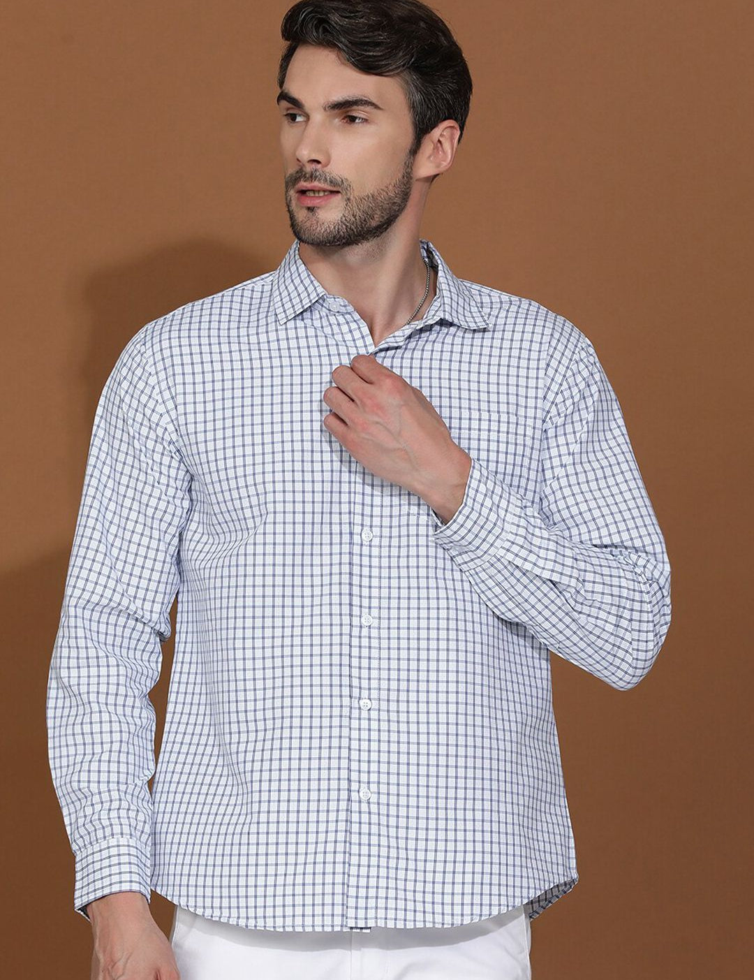 Kotty New Grid Tattersall Checks Spread Collar Casual Shirt