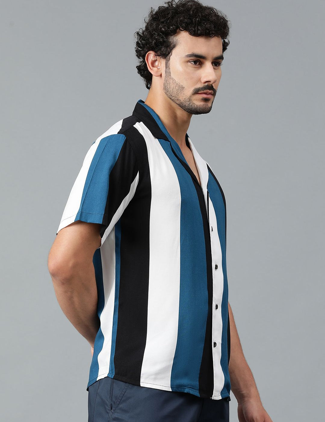 Kotty Men Cuban Collar Striped Casual Shirt