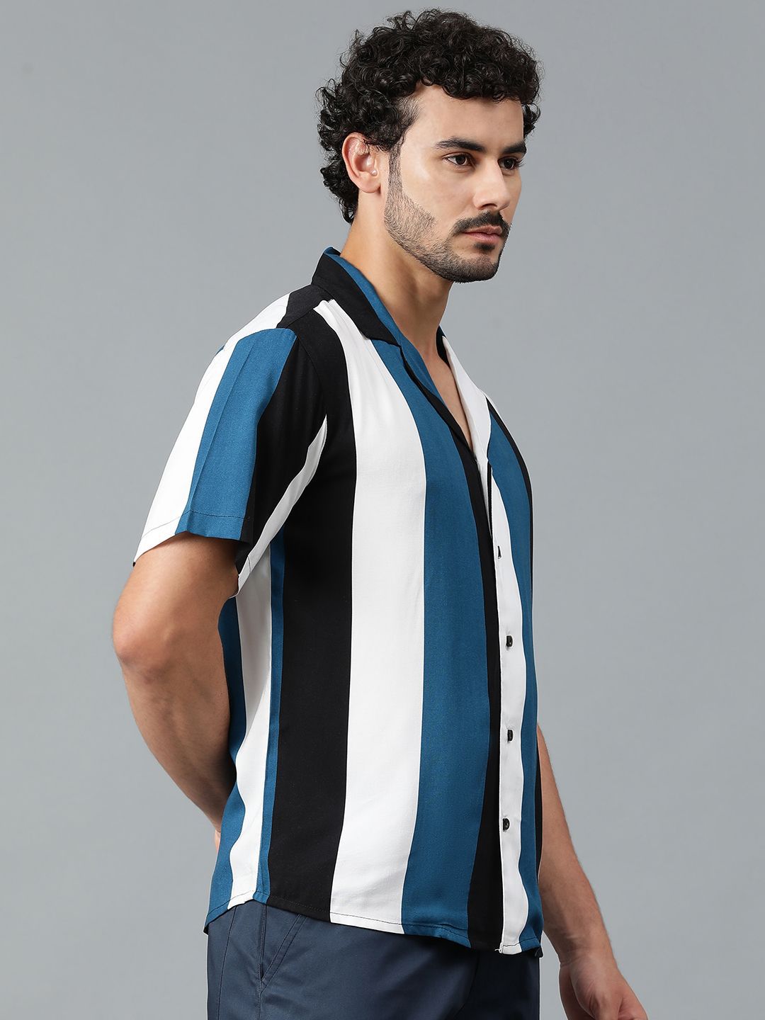 Kotty Men Cuban Collar Striped Casual Shirt